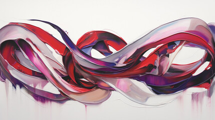 Bold ribbons of electric violet and fiery red on a pure white canvas, intertwining to create a sense of movement and flow. - obrazy, fototapety, plakaty