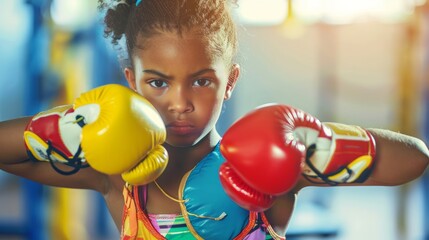 African American kid boxer in gym space. Girl in boxing gloves practicing boxing punches. Concept of physical education, youth sports, childhood activity, active lifestyle, energetic pastime