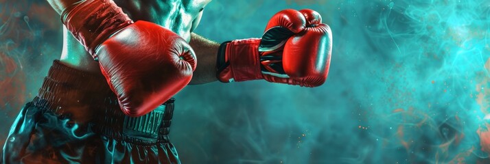 Boxer's hands in red boxing gloves, poised for combat. With smoke effect on turquoise background. Boxing training and fighting concept. Design for poster, banner, sport-related advertising. Copy space