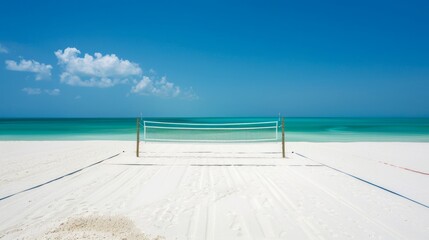 Empty beach volleyball court, with pristine white sand, clearly marked boundary lines, and a taut...