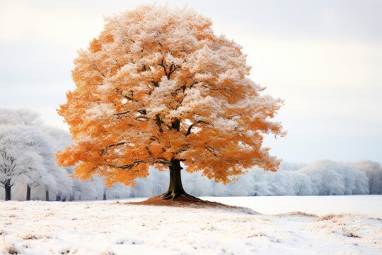 a tree with orange leaves in a snowy field