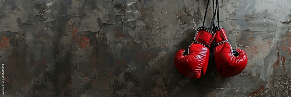 Wall mural Red leather boxing gloves hanging on a grey wall. Banner. Textured background with copy space. Minimalistic sports equipment concept. Design for poster, banner, sport-related advertising. Copy space