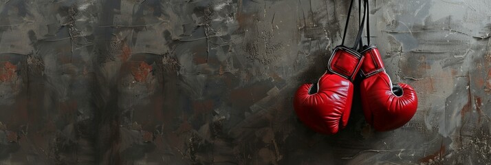 Red leather boxing gloves hanging on a grey wall. Banner. Textured background with copy space. Minimalistic sports equipment concept. Design for poster, banner, sport-related advertising. Copy space