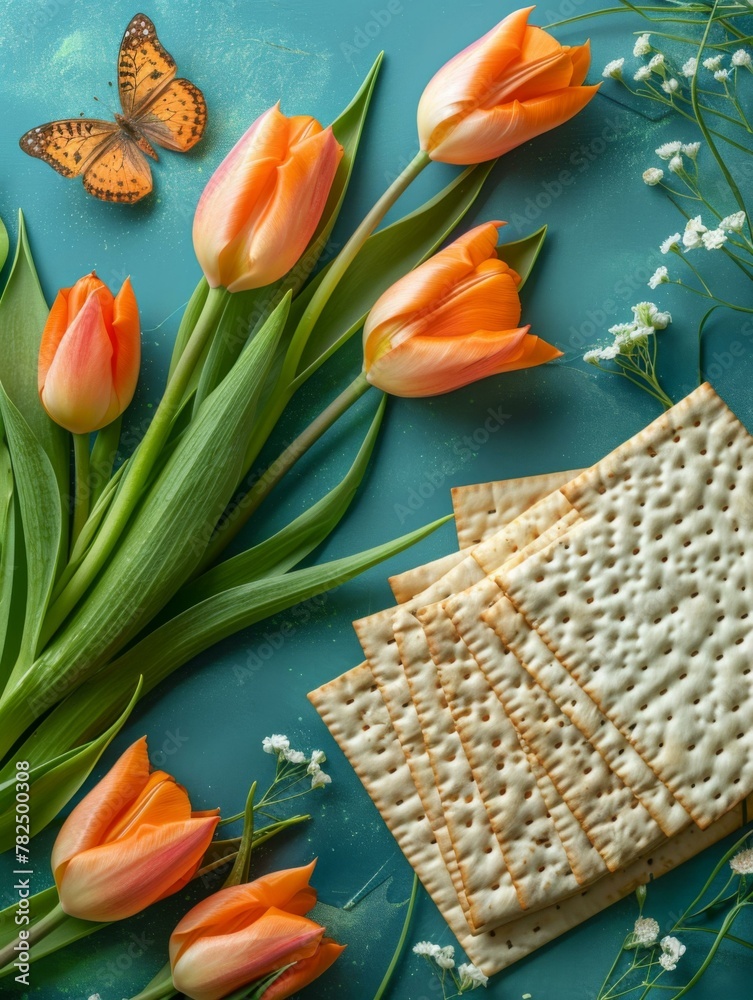 Poster A table with a bunch of matzah and some flowers. AI.