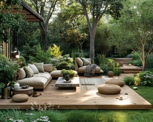 A deck with a couch and some pillows on it. AI.