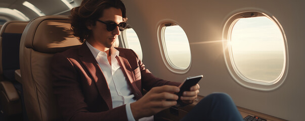 Cool young man working on phone in a flying plane, modern businessman, generated by ai