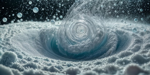 swirling blue and white vortex in the center of the image, surrounded by white clouds and droplets of water. - 782501724