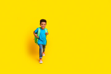 Fototapeta na wymiar Full body photo of funky child dressed blue t-shirt jeans hold bag go on lessons near empty space isolated on vibrant yellow background