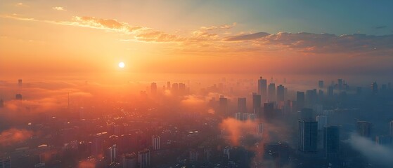 Smart City Sunrise: The Beat of Clean Air Tech. Concept Environmental Sustainability, Urban Innovation, Renewable Energy, Clean Air Technology, Smart Cities - obrazy, fototapety, plakaty