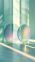 Glass round discs, transparent disc, round flat panels with refraction , highlights, sun rays, sunlight, geometric background, 3D, illustration,  green, vertical background 
