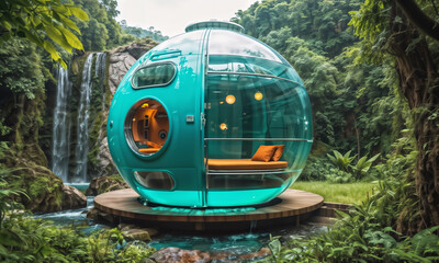 transparent sphere house with a waterfall and forest in the background.