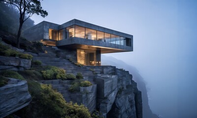 square box-like structure is perched on top of a sheer cliff, overlooking a large waterfall. The surrounding area is covered in fog, creating an otherworldly atmosphere. - 782502543