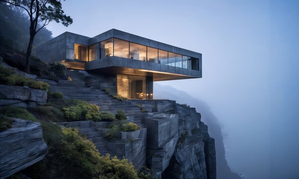 square box-like structure is perched on top of a sheer cliff, overlooking a large waterfall. The surrounding area is covered in fog, creating an otherworldly atmosphere.