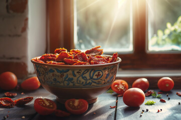 Sun dried and fresh red tomatos on a table. Ingredient for Italian cuisine. - 782503300