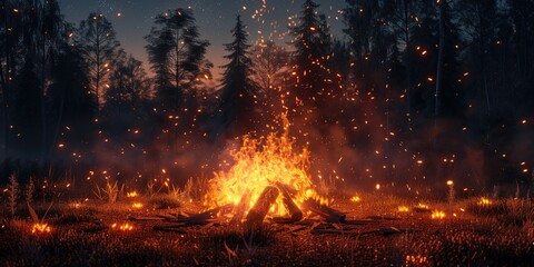 Wallpaper with a Campfire, Enchanting Evening Campfire with Glowing Sparks in Forest
