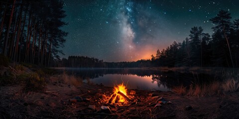 Night Photography of a Campfire by the Lake Under the Stars, Starlit Sky Over a Peaceful Campfire at Lakeside Setting