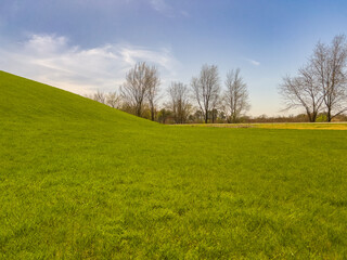 Obraz premium Partial view of an idyllic grassy green hill, focus on the slope of the hill to the valley. Captured during springtime. Bare trees surround the scene.