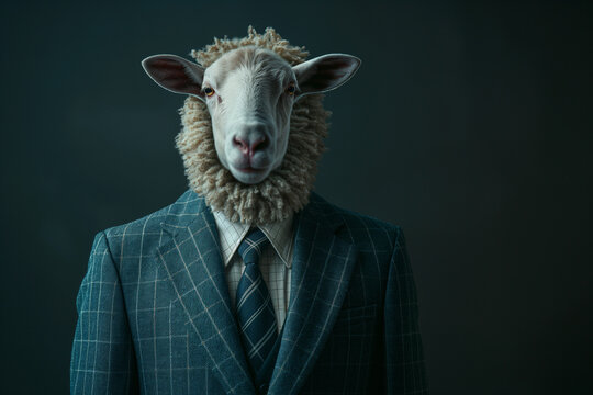 Man in suit and tie with sheep head - symbol of conformity, passivity and obedience