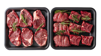 Beef and Lamb Meat Display on Tray on transparent background.
