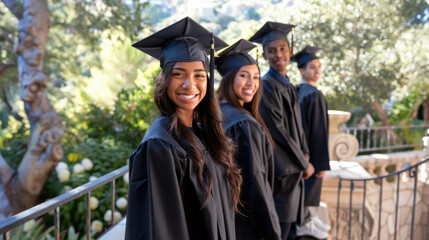 A group of young individuals in graduation gowns standing together, celebrating their academic achievements