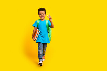 Full length photo of happy smiling preteen boy wear blue t-shirt walking school showing v-sign empty space isolated yellow color background