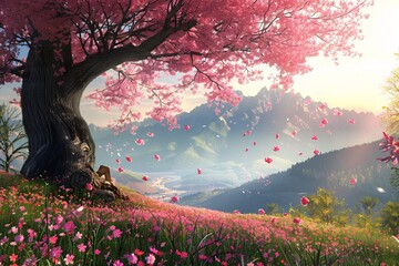 Blooming sakura tree with the mountains on the background. Generative AI