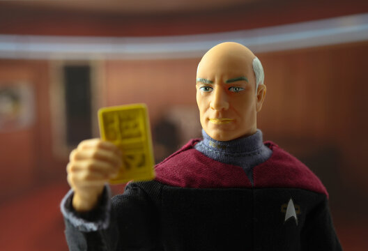 NEW YORK USA, JULY 3 2018: Scene from Star Trek The Next Generation with Captain Jean-Luc Picard in his ready room aboard the USS Enterprise - Playmates 9 inch action figure