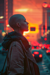 Obraz premium A person stands on a city street at night, surrounded by urban lights and buildings, creating a stark contrast with the dark sky above