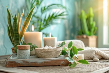 Wooden table with candles, towels, houseplants, and rocks for interior design