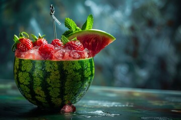 Watermelon filled with raspberries and mint on tableware