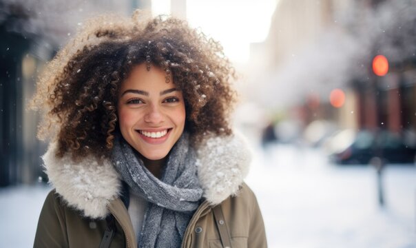 a woman smiling with curly hair wearing a scarf and a coat