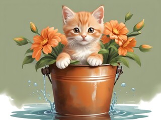 Cute clipart of orange kittens and flowers in a bucket of water