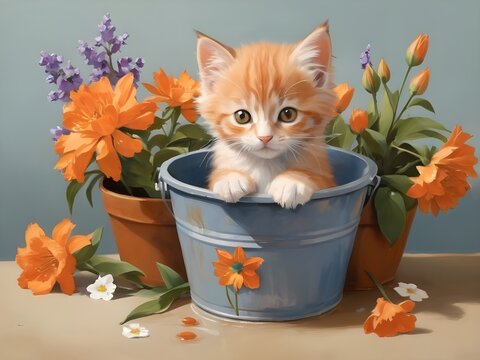 Cute clipart of orange kittens and flowers in a bucket of water