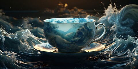 a teacup and saucer with a wave painting on it - obrazy, fototapety, plakaty