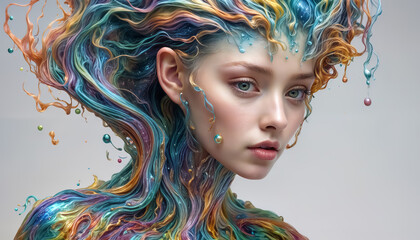 Fantasy girl. Surreal woman. Long colorful hair. The hair is woven into threads and dye