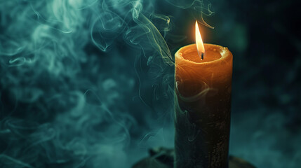 A tall candle emitting a wispy smoke trail in a dimly lit environment, with a shallow depth of field emphasizing the focal point. - obrazy, fototapety, plakaty