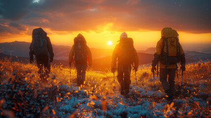 Silhouettes of four young hikers with backpacks are walking in mountains at sunset time.