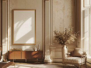 Mockup frame in living room interior background. 3d render.