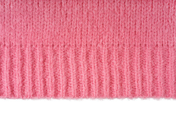 Pink knitted woolen jersey fabric, sweater, pullover texture with edge isolated on white, transparent background. Fabric abstract backdrop, cloth wallpaper
