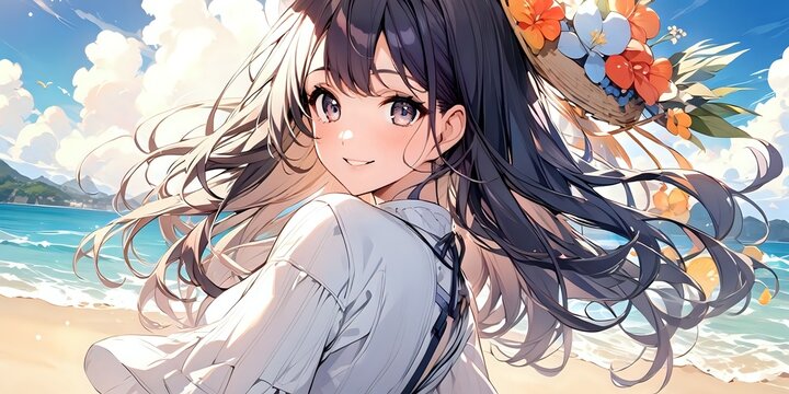 Cute anime girl on the beach background, anime wallpaper