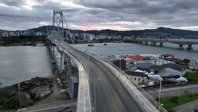 Florianopolis Capital Of Santa Catarina at Brazil. Aerial image taken with a drone of the Hercilio Luz Bridge during sunrise.
