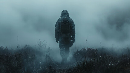 Obraz premium Silhouette of a soldier in the fog.