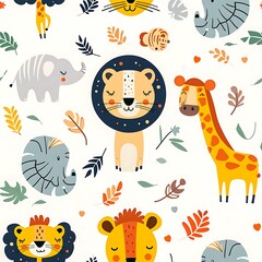 Fototapeta premium zoo animals seamless patern, lion giraffe elephant pictures, wallpaper for children on white background, wildlife tile