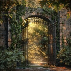 Ivy-Clad Castle Gate Shrouded in Mystery,Wrought iron castle gate entwined with ivy, leading to a wooded area and hinting at hidden secrets