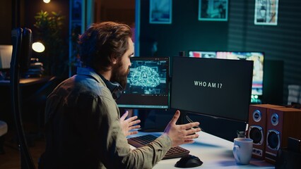 Programmer getting interrupted during work by AI becoming sentient, saluting and asking questions...