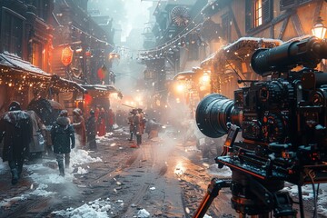 A camera capturing a snowy street scene in the city