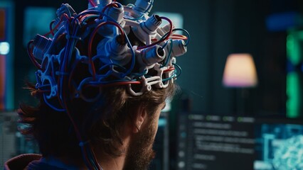 Computer scientist uploading brain into cyberspace, gaining digital persona, close up shot....