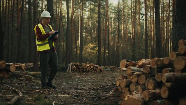 On a work site, an engineer leader of a logging crew writes down information using his pen to present a report on the work done. He is wearing a safety helmet and vest for his safety