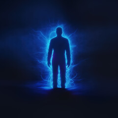 Fototapeta na wymiar Silhouette of a man on dark background, with blue electrical energy glowing around the body. Biofield, aura, energy field concepts. Shining blue light surrounding the person.