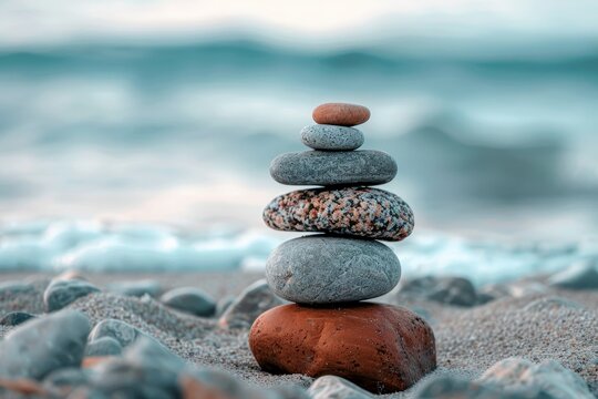 Zen Stones Balanced on a Beach at Sunrise
